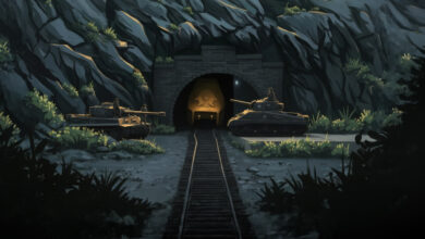 Tiger I und Sherman stehen sich vor einem Tunnel gegenüber, in welchem eine BR57 Panzerlok steht.