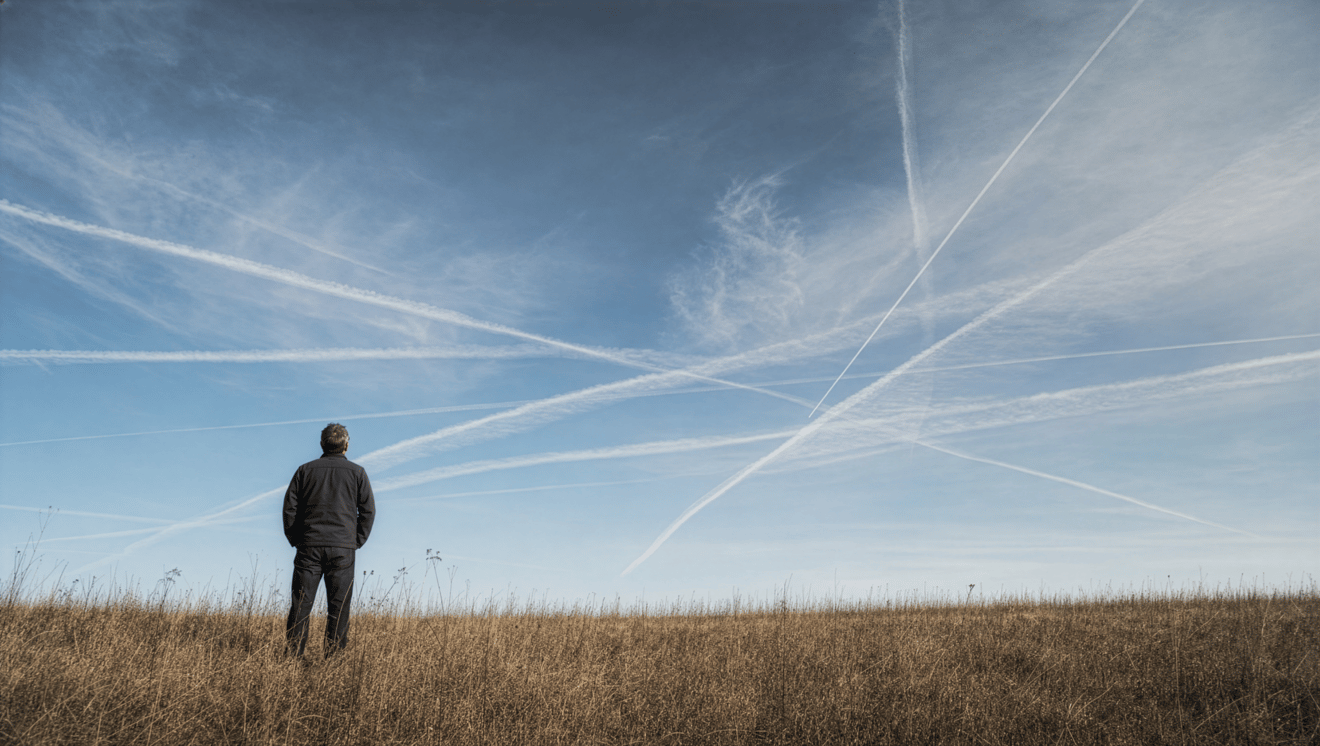 Person blickt in einen Himmel voller kreuzender Kondensstreifen