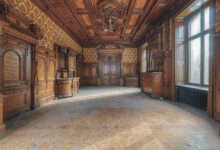 Holzvertäfelter Salon der Villa Woodstock mit Schränken und Erkerfenster, Lost Place
