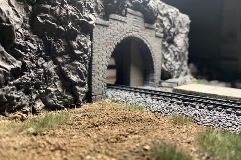Tiefe Perspektive auf das Tunnelportal des Dioramas mit Grasvordergrund und Felswand