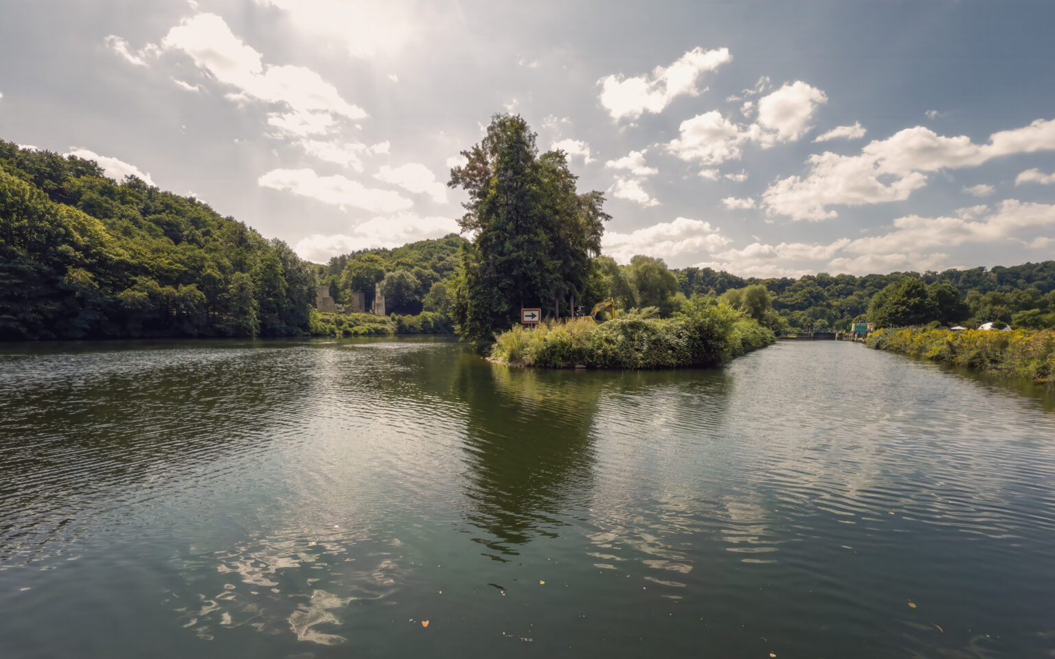 Flussinsel in der Ruhr vor bewaldeten Höhen mit einer Ruine am Ufer im Hintergrund