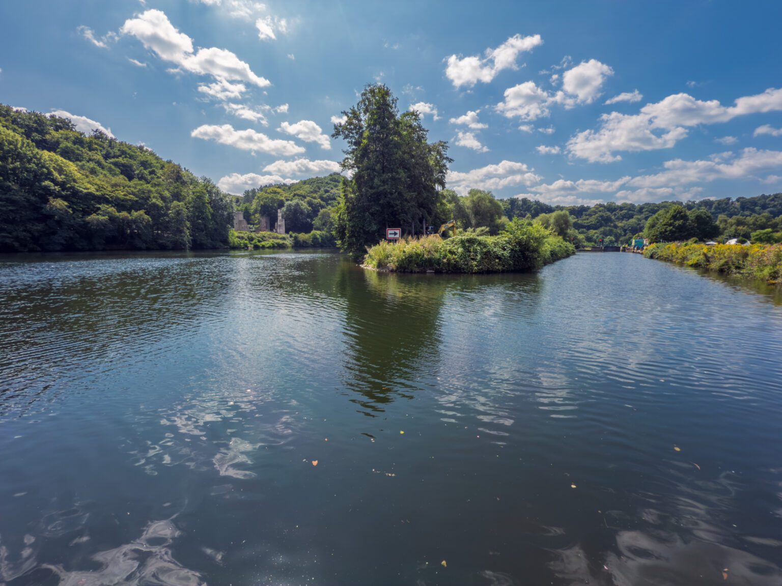 Flussinsel in der Ruhr mit einer Burgruine auf bewaldeter Höhe im Hintergrund