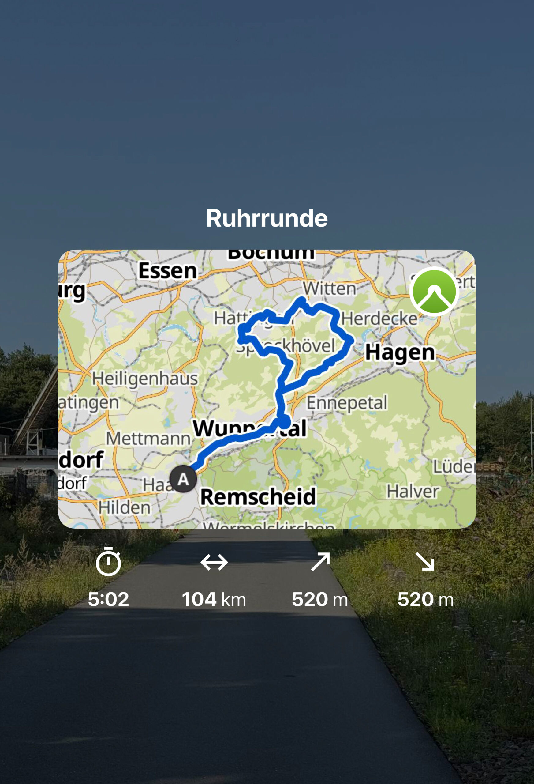 Screenshot einer Tourenkarte der Radrunde mit eingezeichnetem Streckenverlauf und Eckdaten