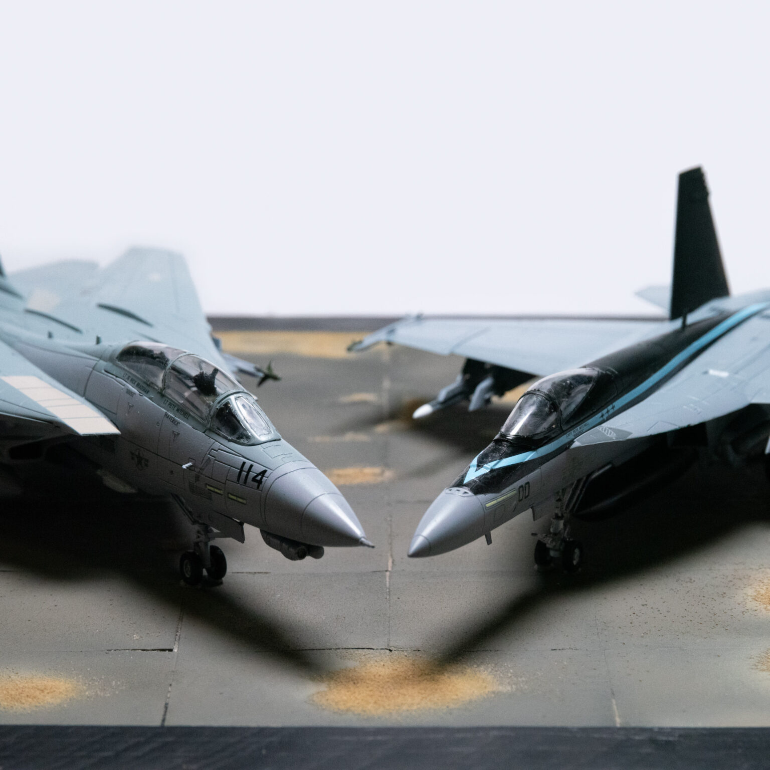 Nahaufnahme der gegenüberstehenden Nasen von Tomcat und Super Hornet auf der gealterten Deckfläche