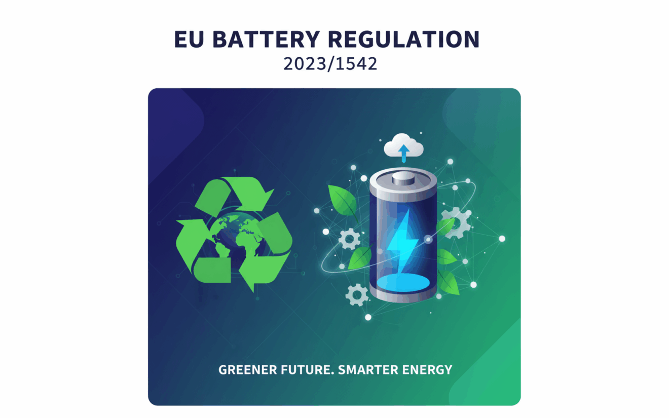 Breite Titelgrafik zur EU-Batterieverordnung 2023/1542 mit Recycling-Symbol und Batteriemotiv