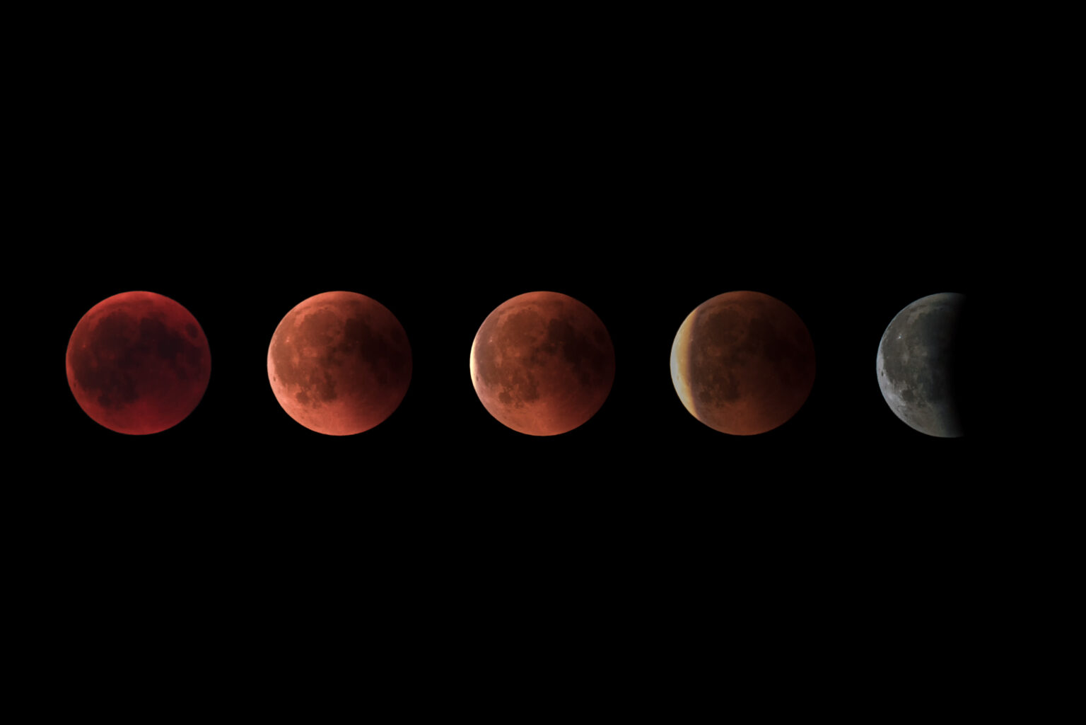 Die verschiedenen Phasen einer totalen Mondfinsternis.
