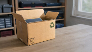 Wellpappe-Versandkarton mit durchgestrichener Muelltonne und Recycling-Symbol auf Werkstatt-Tisch