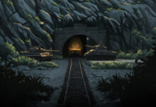 Tiger I und Sherman stehen sich vor einem Tunnel gegenüber, in welchem eine BR57 Panzerlok steht.