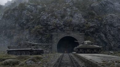 Tiger I und Sherman M4A1 flankieren ein Eisenbahn-Tunnelportal in einer Felswand, Mai 1945, stahlgraue Kriegsende-Szenerie