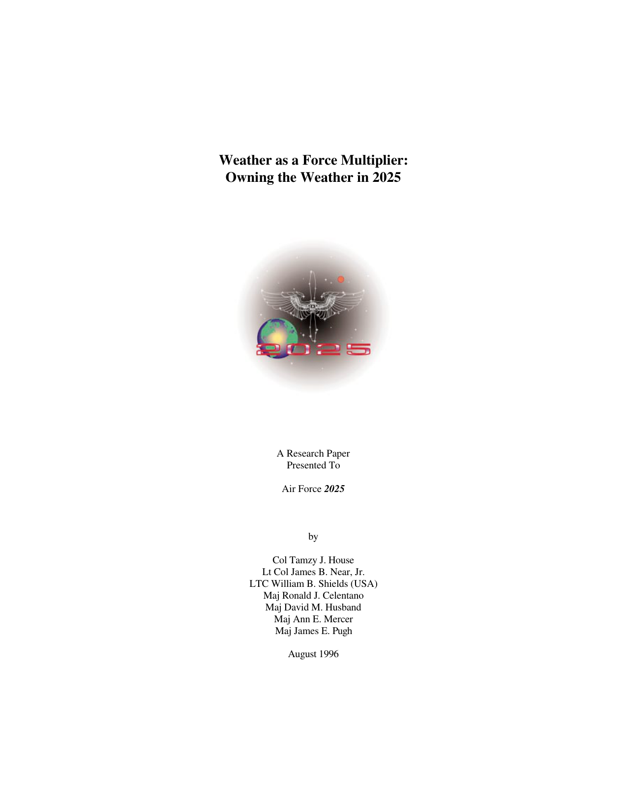 Cover page of the US Air Force paper Weather as a Force Multiplier: Owning the Weather in 2025 from 1996