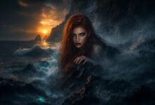 Rothaarige Sirene mit leuchtend blauen Augen steigt im rotgoldenen Abendlicht aus dem Meer vor einer Felsenküste.