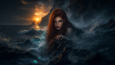 Rothaarige Sirene mit leuchtend blauen Augen steigt im rotgoldenen Abendlicht aus dem Meer vor einer Felsenküste.